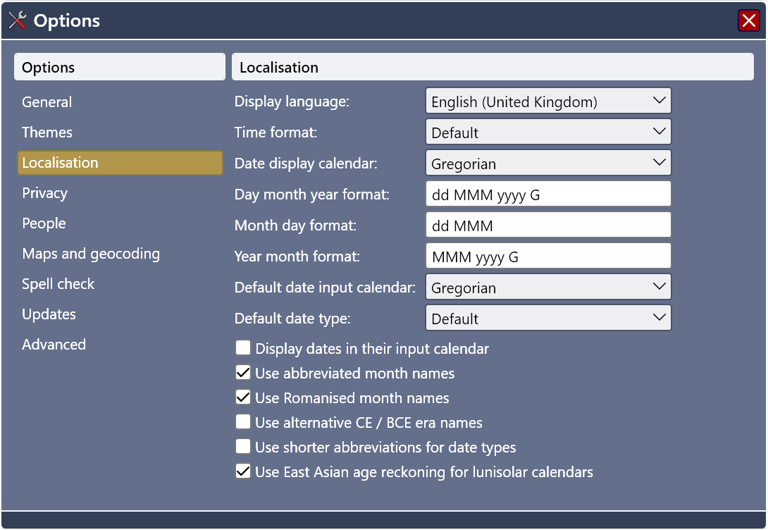 Changing the user interface localisation settings